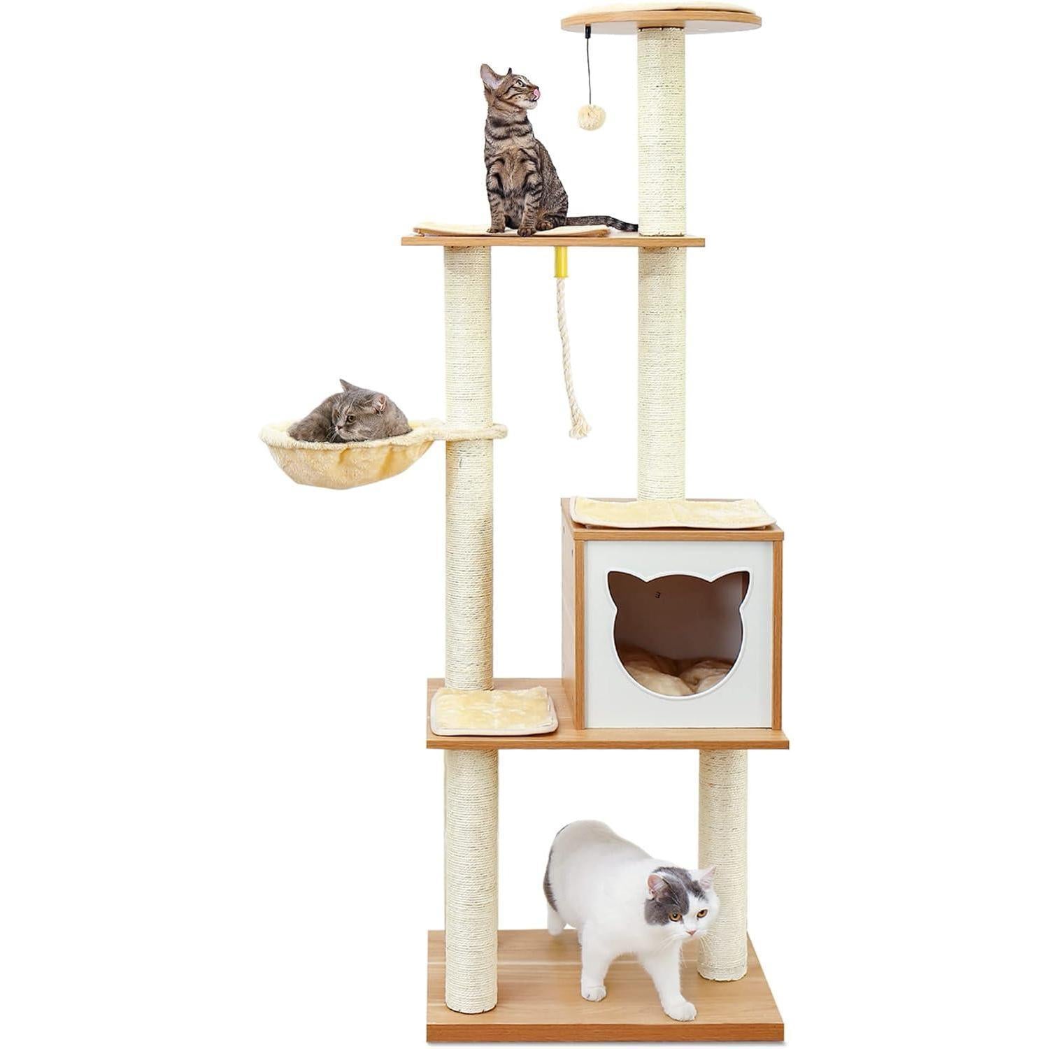 Modern Indoor Cat Tree Wooden Cat Tower Suitable For Cats, Includes Hammock, Scratching Post, And Removable Mat. Suitable For Both Large And Small Cats.