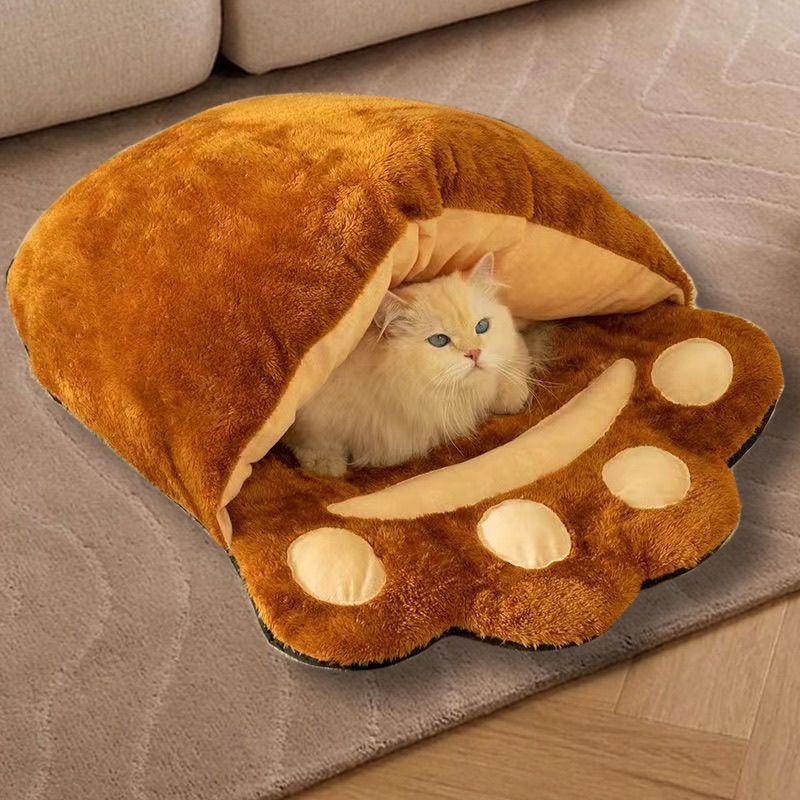 Winter Warm Cute Bear Paw Cat Bed Thickened House Semi-closed Cat Nest Large Space Washed Sleeping Bag Dog Pet Bed Pets Products