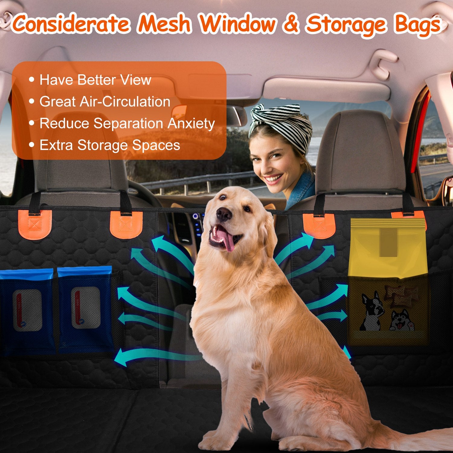 Dog Car Back Seat Cover With Zipper Mesh Window Storage Bags Waterproof 600D Oxford Cloth Car Seat Protector With Slide Flaps For Cars Trucks SUVs