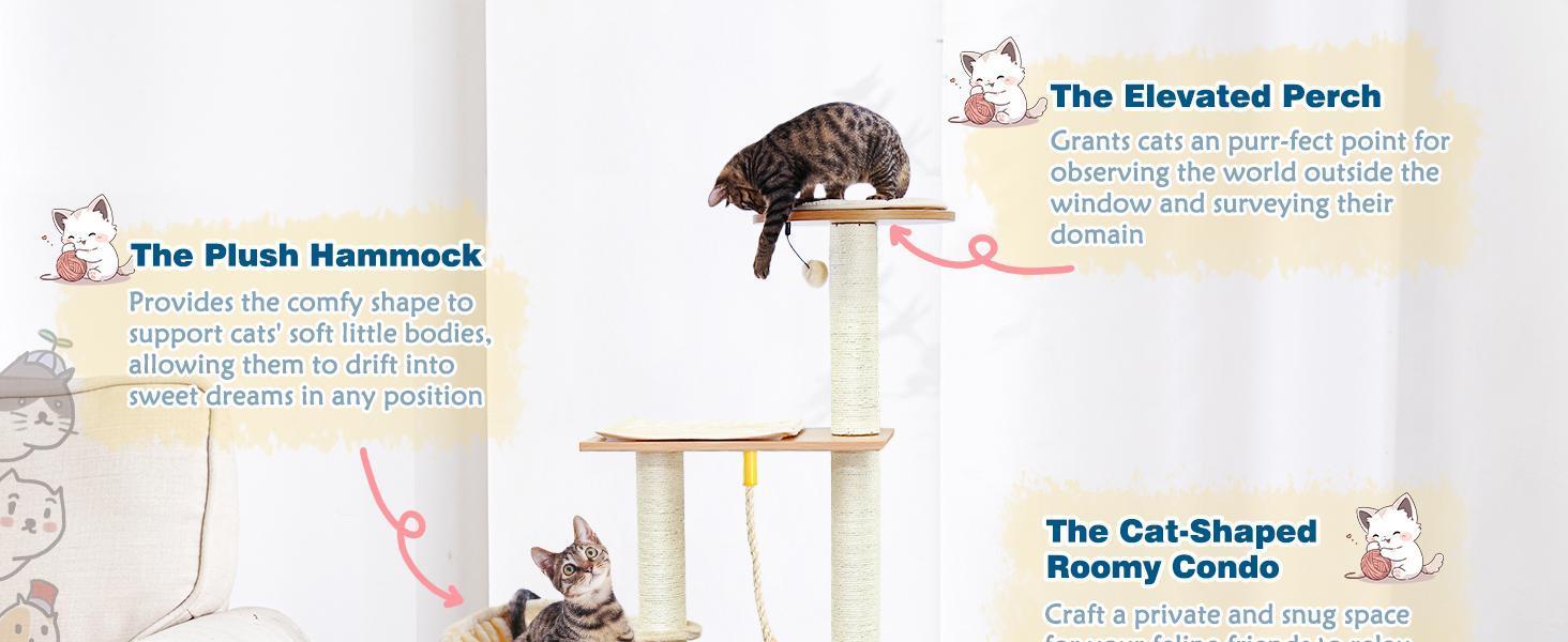 Modern Indoor Cat Tree Wooden Cat Tower Suitable For Cats, Includes Hammock, Scratching Post, And Removable Mat. Suitable For Both Large And Small Cats.