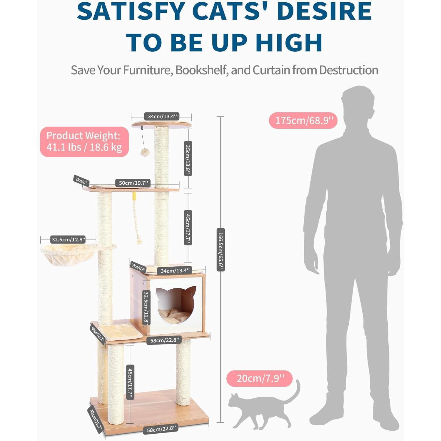 Modern Indoor Cat Tree Wooden Cat Tower Suitable For Cats, Includes Hammock, Scratching Post, And Removable Mat. Suitable For Both Large And Small Cats.