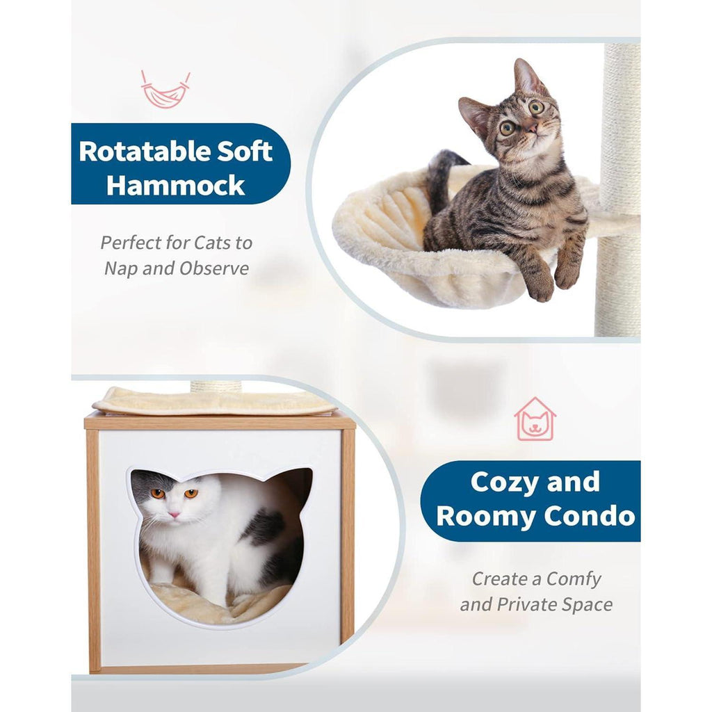 Modern Indoor Cat Tree Wooden Cat Tower Suitable For Cats, Includes Hammock, Scratching Post, And Removable Mat. Suitable For Both Large And Small Cats.