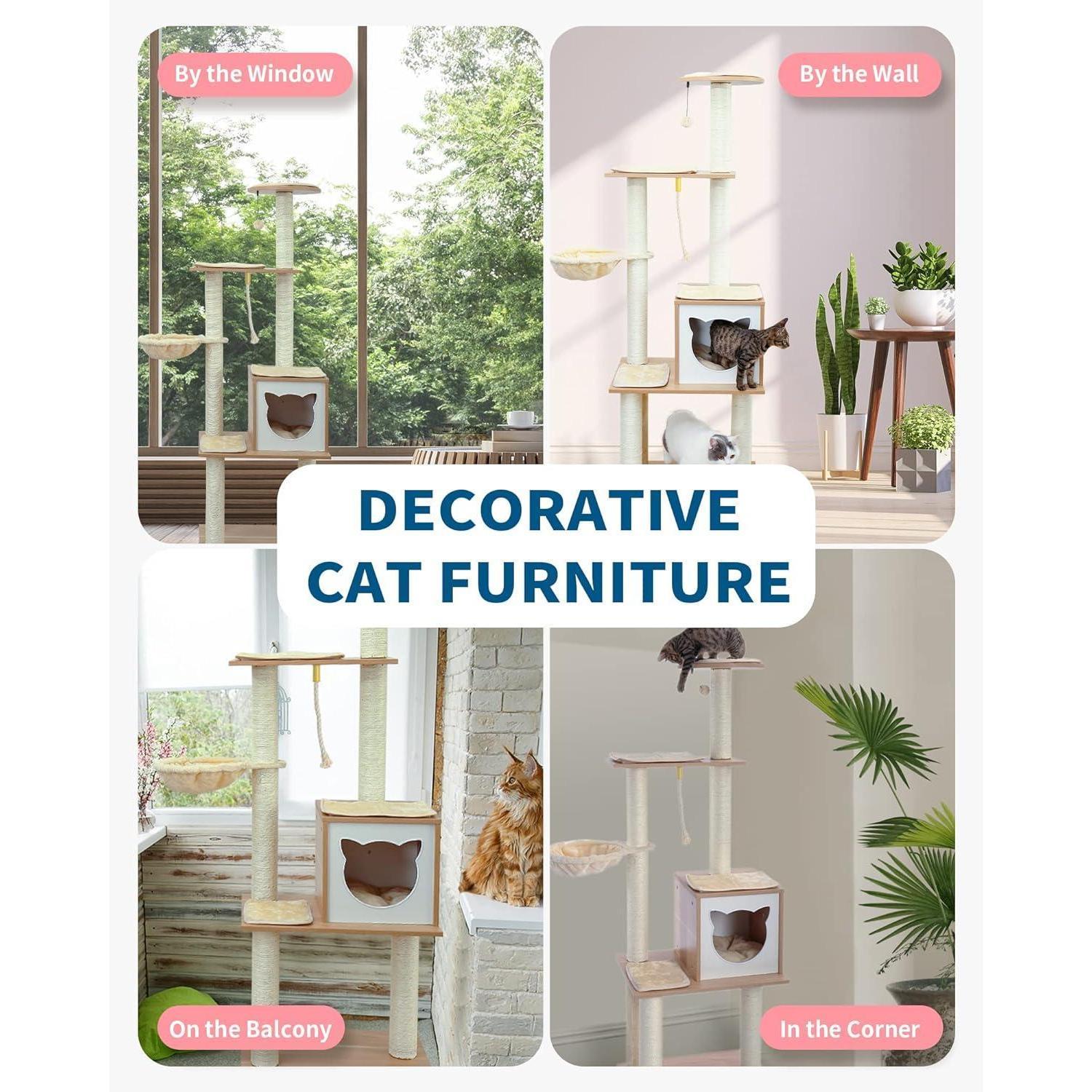 Modern Indoor Cat Tree Wooden Cat Tower Suitable For Cats, Includes Hammock, Scratching Post, And Removable Mat. Suitable For Both Large And Small Cats.