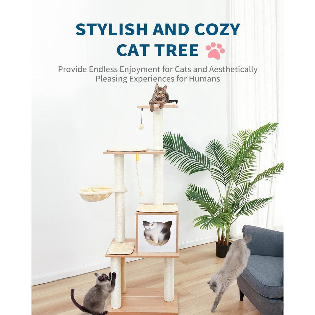 Modern Indoor Cat Tree Wooden Cat Tower Suitable For Cats, Includes Hammock, Scratching Post, And Removable Mat. Suitable For Both Large And Small Cats.
